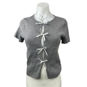 Le Lis Gray Ribbed Knit Ribbon Crew Neck Short Sleeve Crop Sweater Blouse Top L